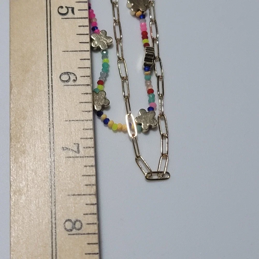 BP Beaded Paperclip Chain Necklace‎ Double Layer Gold Tone Flower